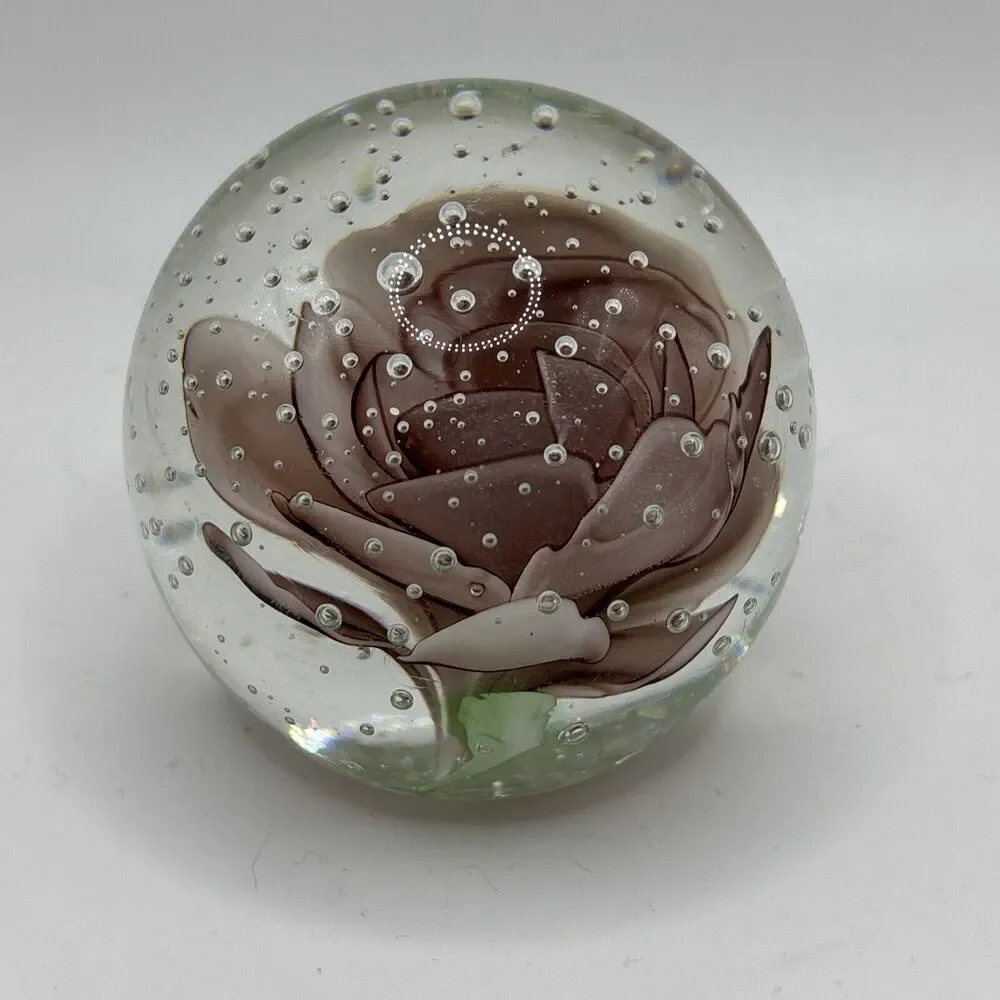 Vintage Round Art Glass Paperweight 3” Globe Orb Purple Flower Floral Bubbles